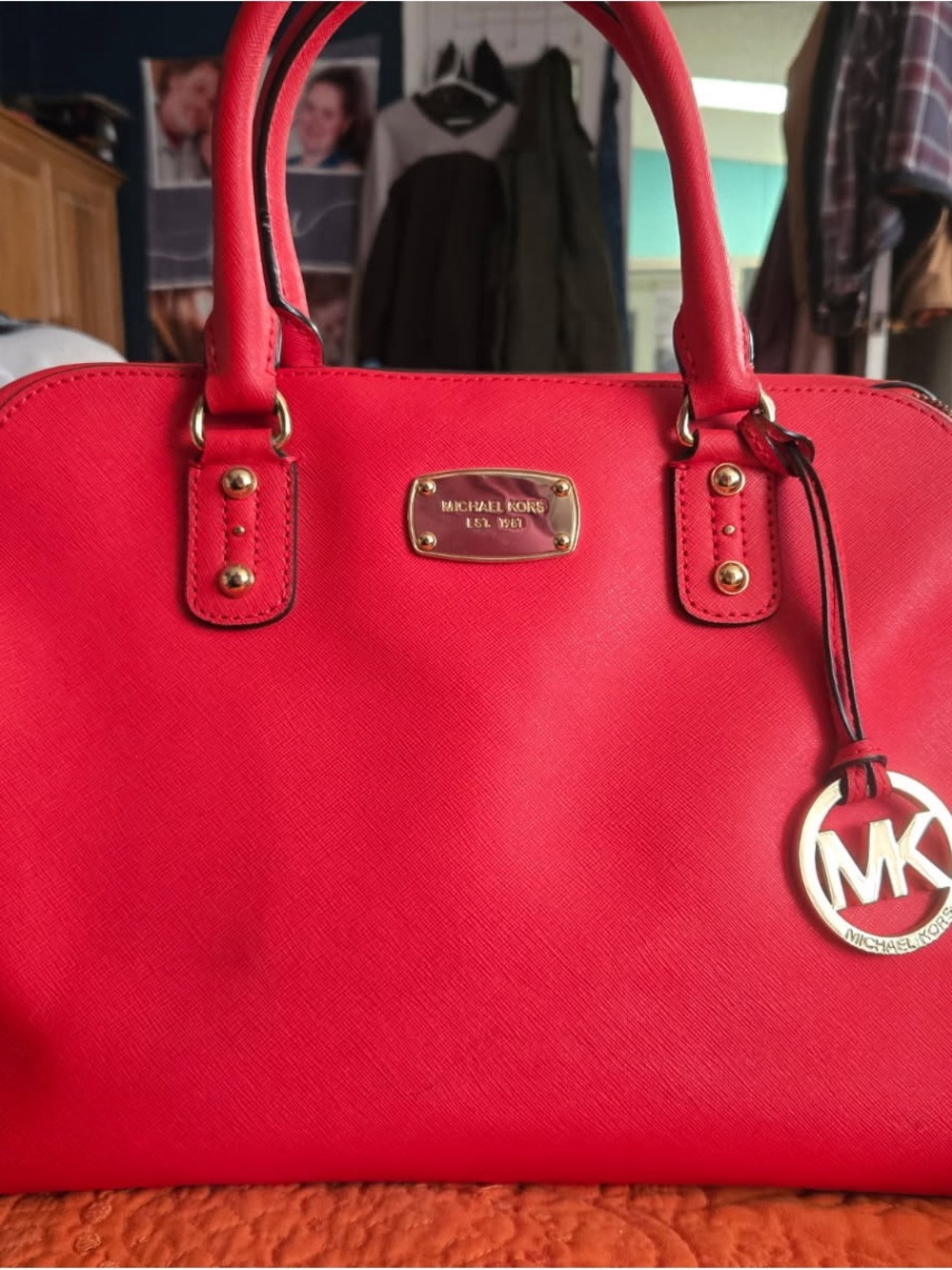 Michael Kors Red Saffiano Dome Satchel with Gold Hardware